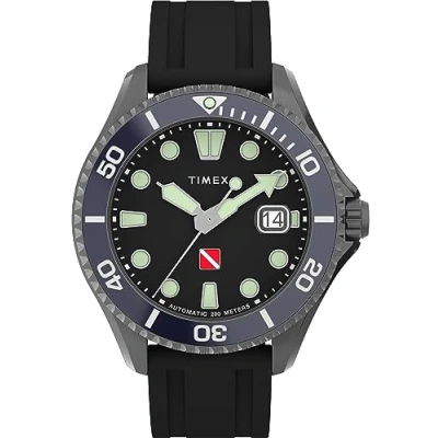 Image of Timex Men&#039;s Deep Water Automatic 44 mm Watch Black Synthetic Rubber Two Piece Quick Release Strap Dial Gunmetal Case TW2W21100