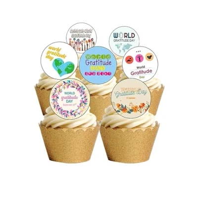 Image of 24 Precut Round World Gratitude Day Edible Wafer paper Cake Toppers Decorations