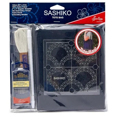 Image of Sew Easy Sashiko Kit 36 x 42cm Tote Bag Kit, Complete Set with Thread Fabric Templates Pencil Needles Instructions