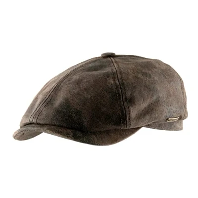 Image of Stetson McCook Vintage Leather Cap Women/Men Flat Ivy hat with Peak, Lining Winter Autumn Spring Summer L (58 59 cm) Dark Brown