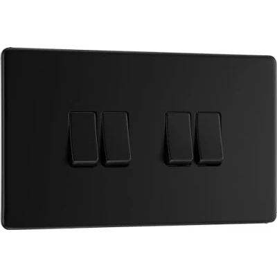 Image of BG Electrical Quadruple Wall Light Switch, 2 Way, Screwless Front Plate, Slim Profile, Premium Flatplate, Matt Black, 20A, 16AX, FFB44