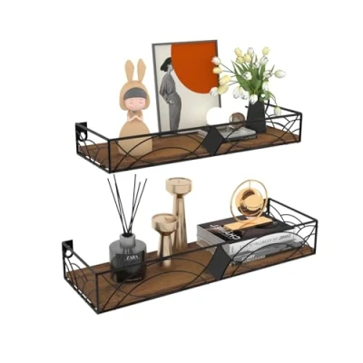 Image of HORLIMER Floating Shelves for Wall Set of 2, Wooden with Bars, Rustic Mounted Kitchen, Bathroom, Bedroom, Living Room, Rhombic Style