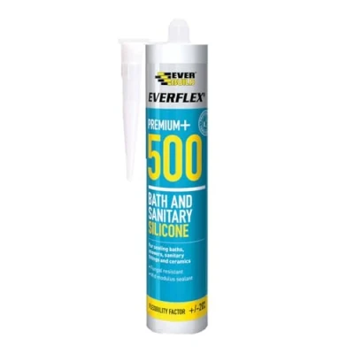 Image of Everbuild Everflex 500 Bath And Sanitary Silicone Interior Exterior Application Anti Fungal Quick Curing White 295ml Cartridge