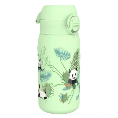 Image of Ion8 Insulated Steel Water Bottle, 320 ml/11 oz, Leak Proof, Easy to Open, Secure Lock, Dishwasher Safe, Carry Handle, Flip Cover, Metal Raised Print, Stainless Steel, Pandas Design