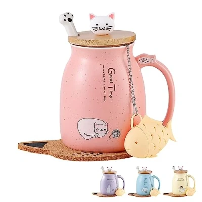 Image of Cat Mug Gifts for Women Cute Ceramic Coffee Cup With Lovely Kitty Lid Stainless Steel Spoon,Novelty Morning Tea Infuser Christmas Birthday Lovers Presents
