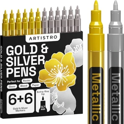 Image of ARTISTRO Gold &amp; Silver Paint Pens for Rock Painting, Stone, Metal, Ceramic, Porcelain, Glass, Wood, Fabric, Canvas. Pack of 12 Permanent Oil Based Markers Extra Fine Tip 0.7mm