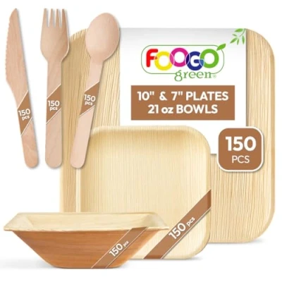 Image of FOOGO Green 900pcs Disposable Palm Leaf Plates, Bowls and Wooden Cutlery Set, FSC® Certified, 150x Large Square Small Bowls, Forks, Knives, Spoons, Eco Wedding