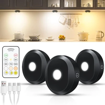 Image of WILLED Under Cupboard Kitchen Lights with Remote Control,3 Colors Puck Lights,Rechargeable Battery LED Touch Light,Timer Function Stick On Light for Kitchen,Cabinet,Counter,Closet, Shelf,3 Pack