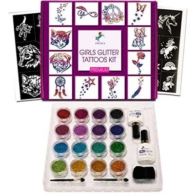 Image of Ingala PREMIUM Glitter Tattoo Kit for Girls Unique Professional Tattoos Kids and Adults 74 Amazing Stencils 2 XL (15ml) Glue