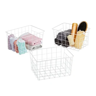Image of Relaxdays Wire Basket Set of 3 Rectangular Mesh Baskets for Storage HxWxD: 15.5 x 28 20 cm Decorative Metal White