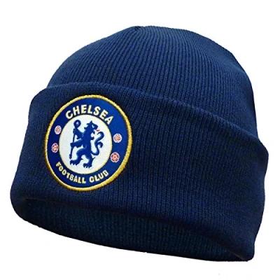 Image of Chelsea FC Official Football Gift Kids Knitted Bronx Beanie Hat Crest Navy
