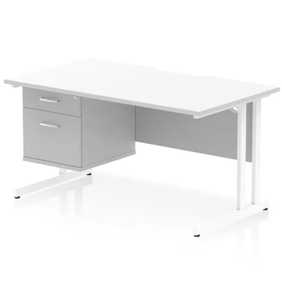 Image of Impulse 1400 x 800mm Scalloped Edge Straight Office Desk White Top Cantilever Leg Workstation 1 2 Drawer Fixed Pedestal