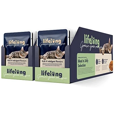 Image of Amazon Brand Lifelong Grainfree Complete Adult Cat Wet Food, Chicken, Duck, Turkey and Beef In Jelly Selection, 4.76 kg (56 Packs of 85g)