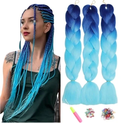 Image of ShowJarlly Box Braid Hair Extensions, 24inch Royal Blue/Sky Blue ​Ombre Jumbo Hair, 3Packs Synthetic Braiding Extension Afro Extensions for Crochet Twist Braids