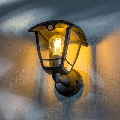 Image of CGC Lighting Lara Black Solar Power Outdoor Outside Wall Lantern Traditional Filament LED Warm White Light IP44 (PIR Motion Sensor)