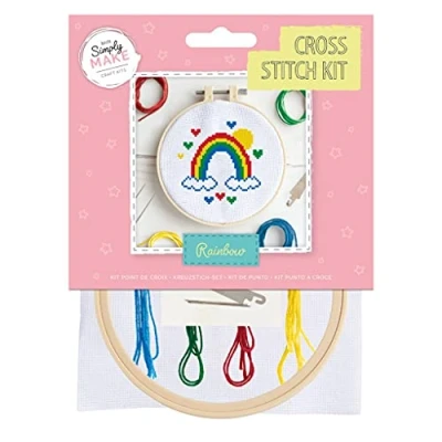 Image of Simply Make Cross Stitch Kit Rainbow Design for Kids and Adults, Including Hoop, Embroidery Thread, Fabric Needle Perfect Adult Crafts Beginners Starter Craft