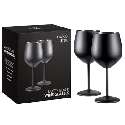 Image of Oak &amp; Steel 2 Elegant Black Stainless Wine Glasses, 540ml Unbreakable Glass Gift Set, for Indoor or Outdoor Use, Birthdays, Garden Parties, Camping and BBQs
