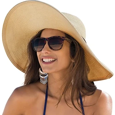 Image of DRESHOW Womens Big Bowknot Straw Hat Floppy Foldable Roll up Beach Cap Sun UPF 50+