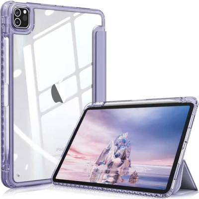 Image of FINTIE Hybrid Case Compatible with iPad Pro 11 Inch (2022/2021/2020/2018, 4th/3rd/2nd/1st Generation) Ultra Slim Shockproof Clear Cover w/Pencil Holder, Auto Wake/Sleep, Violet
