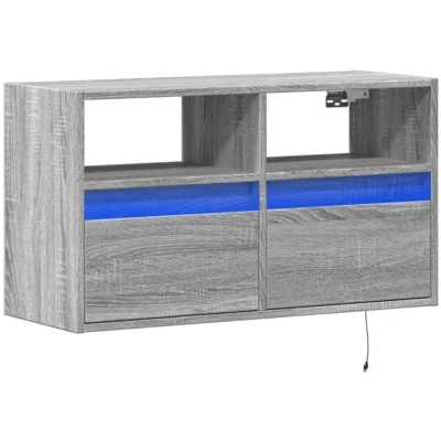 Image of vidaXL TV Wall Cabinet with LED Lights, Grey Sonoma Floating Unit 2 Drawers and Compartments, 80 x 31 45 cm