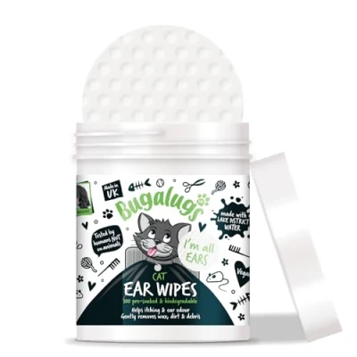 Image of BUGALUGS Cat Ear Cleaner Wipes 100 Biodegradable textured pre soaked wipes. Pet Solution Stops Head Shaking, Itching &amp; Waxy Ears (100 Wipes)