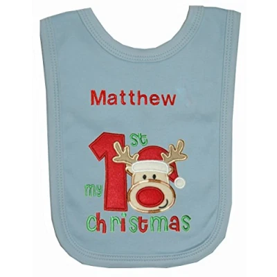 Image of Baby 1st Personalised Reindeer Applique Christmas Bib. (Blue)