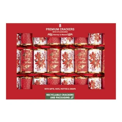 Image of Harvey &amp; Mason 8 Premium Red White Gold Poinsettia Flower Christmas Crackers Floral Print Table Decoration Xmas