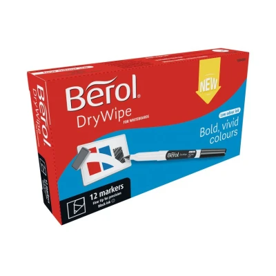 Image of Berol Dry Wipe Whiteboard Marker Pens Fine Tip Black Low Odour Ink 12 Erase Markers