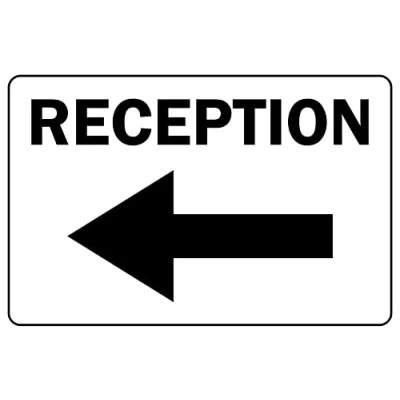 Image of Reception this way left directional arrow sign 1mm Plastic (600mm x 400mm)
