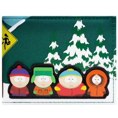 Image of Animation South Park Eric Stan Kyle Kenny Bus Stop Scene Wallet Bi Fold ID &amp; Card Holder, Green