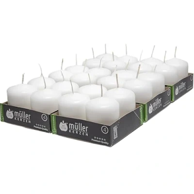 Image of Müller White Pillar Candle Pack of 24 Unscented Small Candles 4,8 x 6,2 Cm 10 Hours Burn Time for Decoration No Drip Wax Smokeless Wick RAL Quality Made in Germany