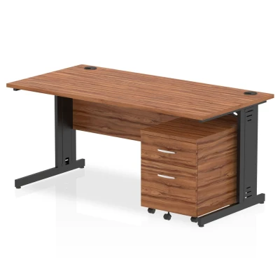 Image of Impulse 1600x800 Desk Walnut/Black Cable Managed 2 Drawer Mobile Ped