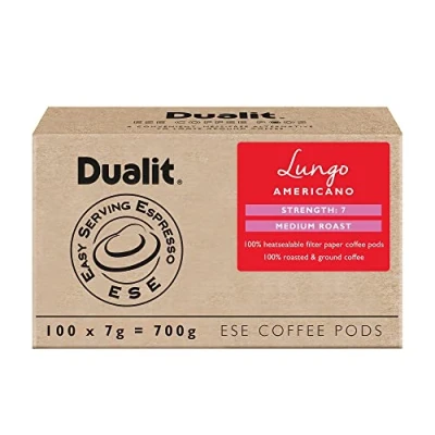 Image of Dualit Lungo ESE Coffee Pods 100 Pack x 1 Servings of Premium Ground Caffeinated in Easy Serving Espresso Paper Medium Roast 15145
