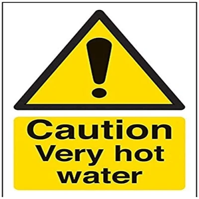 Image of V Safety 62007AG R Caution Very Hot Water Sign Portrait 100mm x 150mm 1mm Rigid Plastic, Black/Yellow