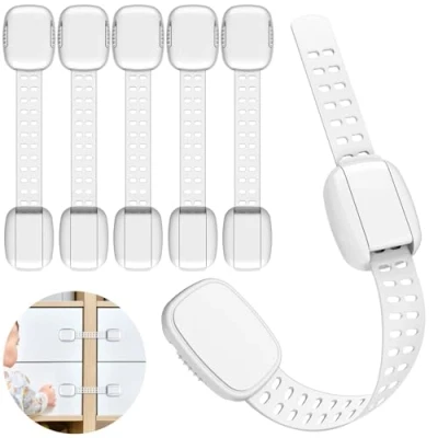 Image of Baby Proofing Cabinet Locks,6Pack Child Safety Locks with Adjustable Strap Latches for Cabinets and Drawers,Door,Dishwasher,Fridge,Toilet Seat,Cupboard,Trash Can,Washer (White)