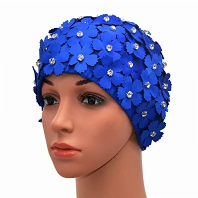 Image of Medifier Manual Rhinestone Floral Petal Retro Style Swim cap Bathing Caps for Women Blue