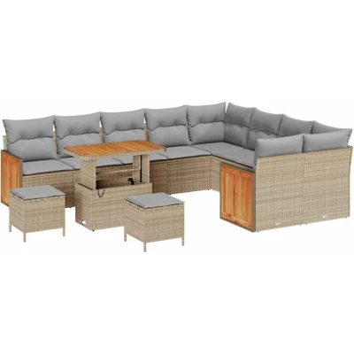 Image of vidaXL 12 Piece Garden Sofa Set with Cushions Beige Poly Rattan Acacia