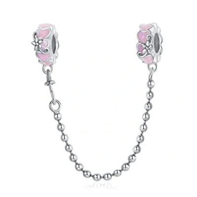 Image of ZiNuo Charm Beads Love Heart Safety Chain 925 Sterling Silver Clip Lock Stopper for Pandora Bracelet DIY Jewelry (Pink Flower Chain)