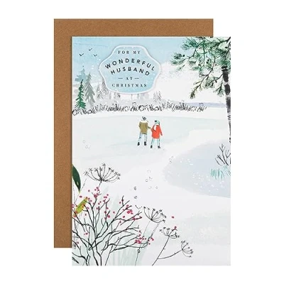 Image of Hallmark Christmas Card, Husband Ice Skating Couple, With Silver Foil Details, Blue