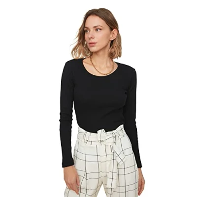 Image of Trendyol Women Fitted Basic Crew Neck Woven Blouse Black