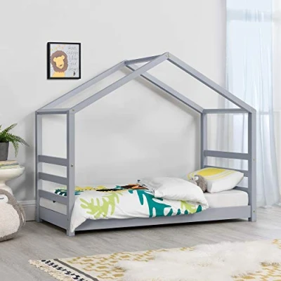 Image of [en.casa] Children&#039;s bed Vardø with slatted frame 70 x 140 cm house youth wood Grey