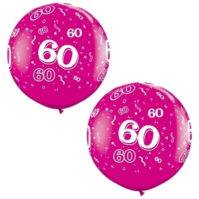 Image of Toyland® Pack of 2 90cm (3ft) Giant Pink 60 Print Latex Balloons 60th Birthday/Anniversary Party Decorations