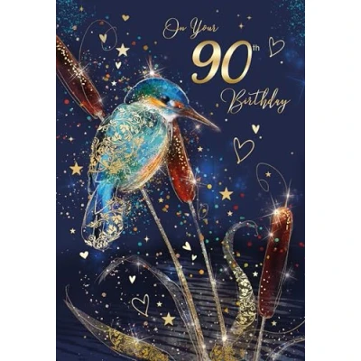 Image of Cherry Orchard Happy 90th Birthday Card with Artistic Kingfisher Design Gold Foil Detailing and Envelope from The Grayson Range