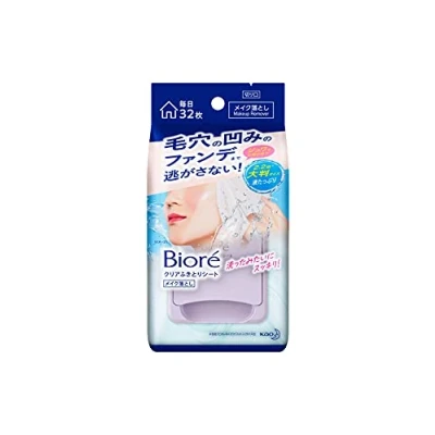 Image of Biore Clear Wiping sheets, 32 Makeup Remover, Large Sheet with Plenty of Liquid, Oil Free, Cleansing