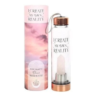 Image of Crystal Infused Rose Quartz Glass Water Bottle Health Benefits of Crystals Trendy 18oz Stainless Steel Base &#039;I Create My Own Reality&#039; Natural Point Rubberized Anti Slip Food Safe