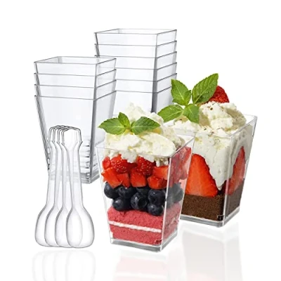 Image of PALUDO 150ml Mini Dessert Cups with Spoons, 50 Pack Reusable Clear Square Plastic Cups, Cheesecake Pots, Multi use Serving Bowls for Mousse Puddings Desserts Party Supplies