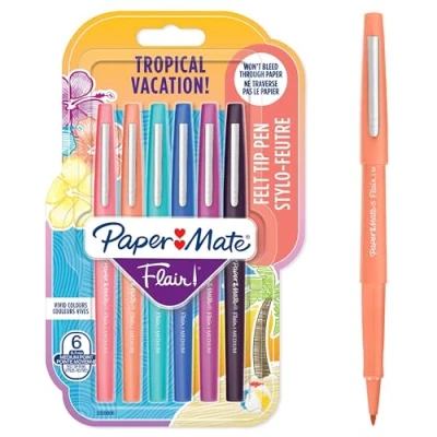 Image of Paper Mate Flair Felt Tip Pens Medium Point (0.7 mm) Marker Assorted Tropical Vacation Colouring For Kids &amp; Adult Colouring, Journalling More 6 Count