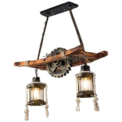 Image of Rustic Wooden Pendant Lights Vintage Oak Hanging Lamp Dining Table Chandelier Industrial Metal Ceiling Light Retro Lighting Lamps Country House Bar Droplight Shade