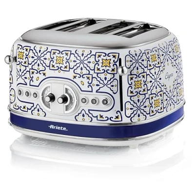 Image of Ariete Toaster 156 Capri, Mediterranean Style, 4 Slots, 6 Burning Levels with Automatic Ejection, Crumb Tray, Toasting, Heating and Defrosting Functions, 1630 W