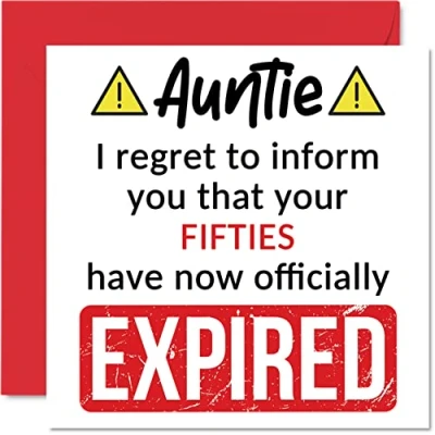Image of Funny 60th Birthday Cards for Auntie Your Fifties Have Expired Happy Card Aunt Aunty from Nephew Niece, 145mm x Banter Joke Humour Bday Greeting Gift